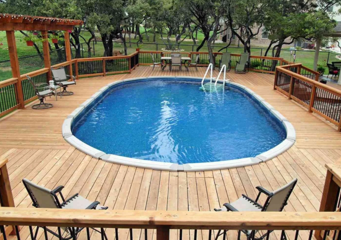 Above-ground pool with custom wood decking